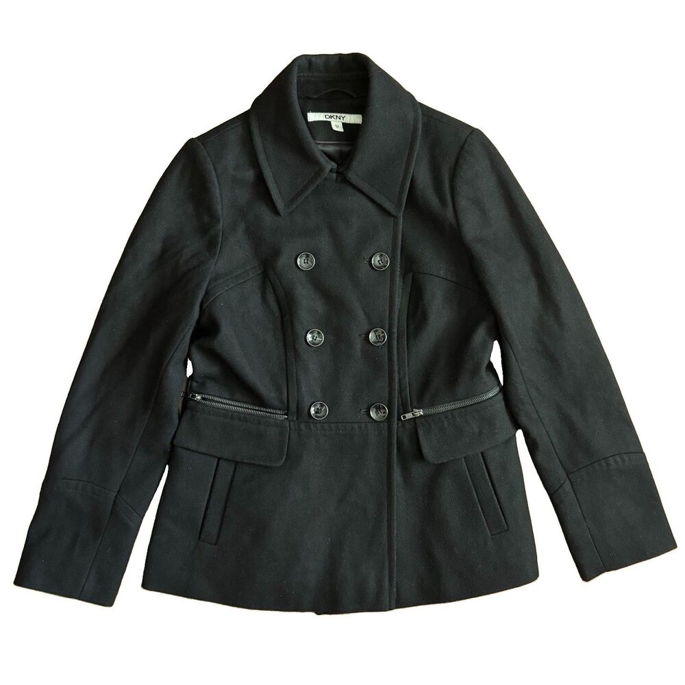 DKNY Wool Blend Pea Coat Womens 12 Black Double Breasted Pockets Winter Coat